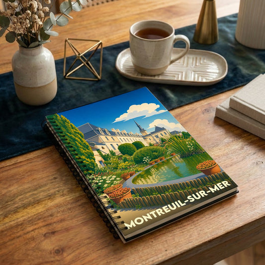 Carnet à spirales souvenir de la ville de Montreuil-sur-Mer avec une illustration stylisée de ses jardins et de son patrimoine.