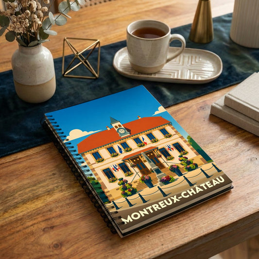 Carnet souvenir de la ville de Montreux-Château avec une illustration stylisée de son hôtel de ville.
