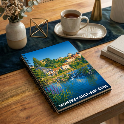 Carnet à spirales souvenir de Montrevault-sur-Èvre avec une illustration colorée et stylisée de la ville en bord de rivière.