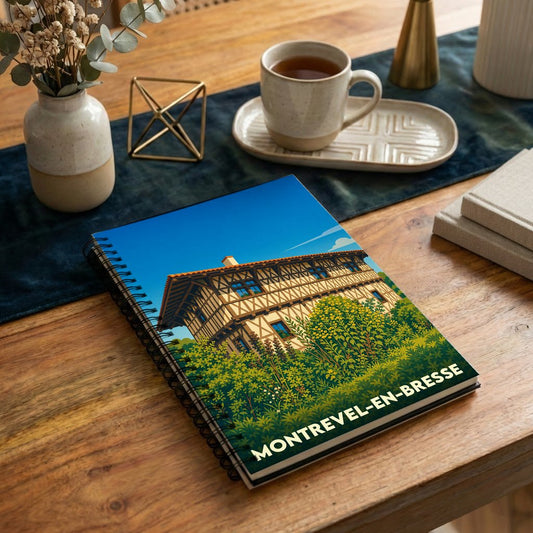 Carnet à spirales souvenir de la ville de Montrevel-en-Bresse avec une illustration stylisée d'une maison à colombages.