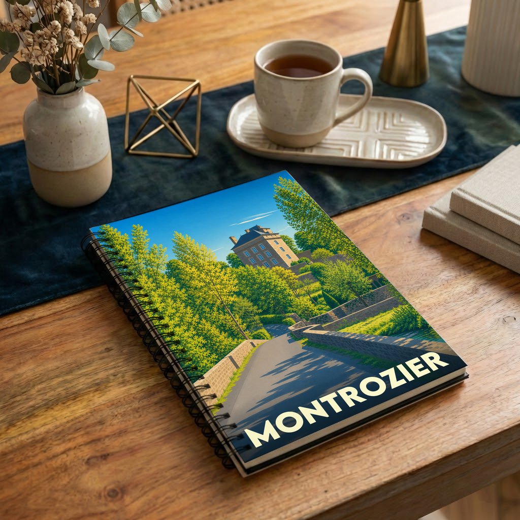Carnet à spirales souvenir de la ville de Montrozier avec une illustration stylisée d'un château ensoleillé.