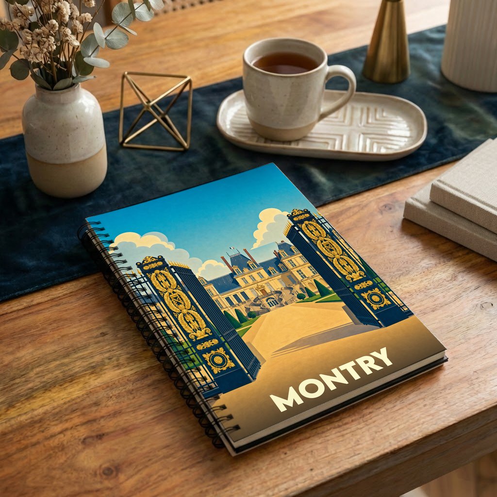 Carnet souvenir à spirale de la ville de Montry avec une illustration stylisée de château.