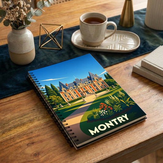 Carnet souvenir de la ville de Montry avec une illustration stylisée d'un château.
