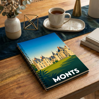 Carnet souvenir de la ville de Monts avec une illustration stylisée d'un château.