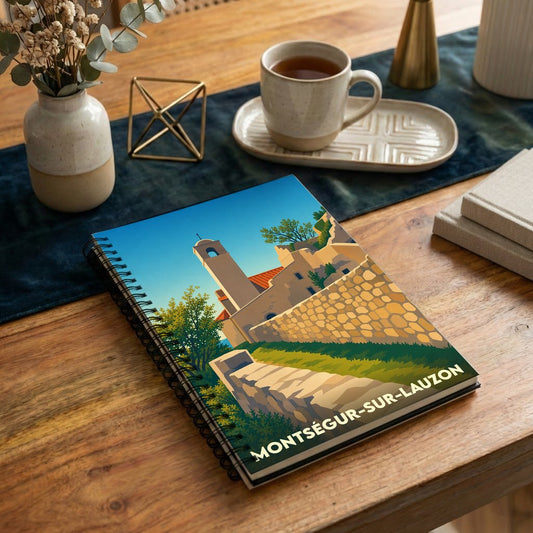 Carnet souvenir de la ville de Montségur-sur-Lauzon avec une illustration stylisée.