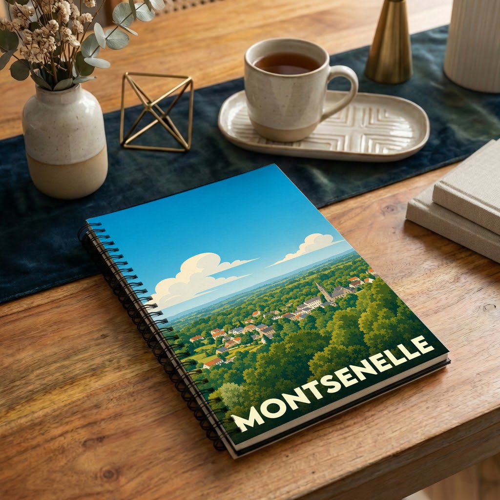 Carnet souvenir de la ville de Montsenelle illustré d'un paysage panoramique verdoyant.