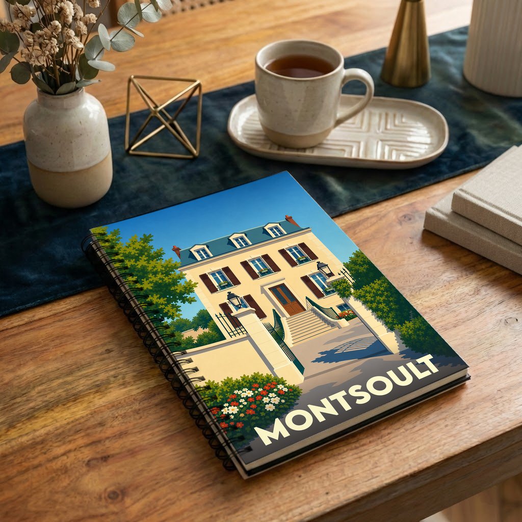 Carnet souvenir de la ville de Montsoult avec une illustration stylisée d'une maison de maître.