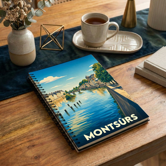 Carnet à spirales souvenir de la ville de Montsûrs avec une illustration stylisée d'un paysage fluvial.