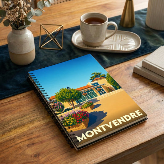 Carnet souvenir de la ville de Montvendre avec une illustration stylisée et colorée.