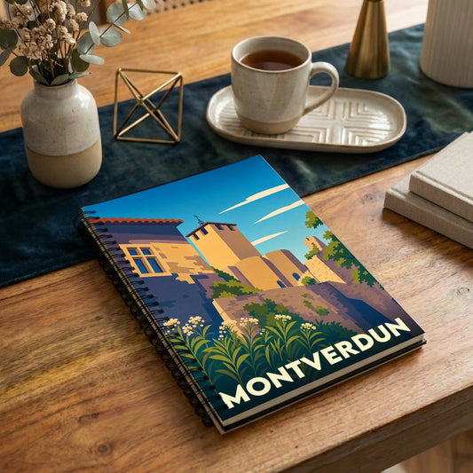 Carnet de notes à spirales souvenir de la ville de Montverdun avec une illustration stylisée.