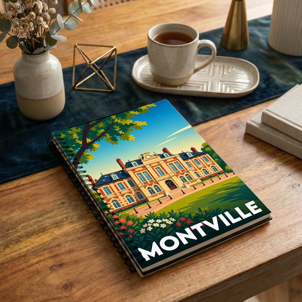 Carnet souvenir de la ville de Montville avec une illustration stylisée et colorée.