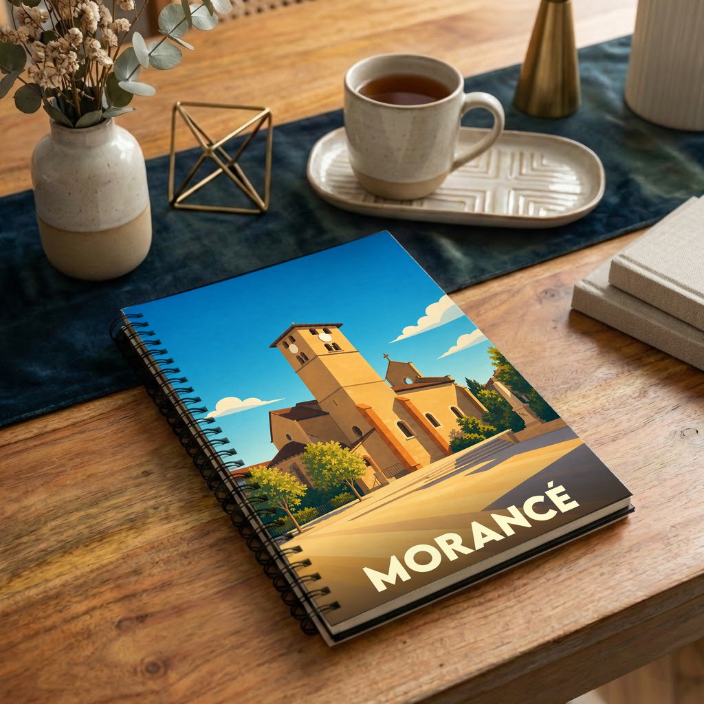 Carnet souvenir de la ville de Morancé avec une illustration stylisée de son église sous un ciel bleu.