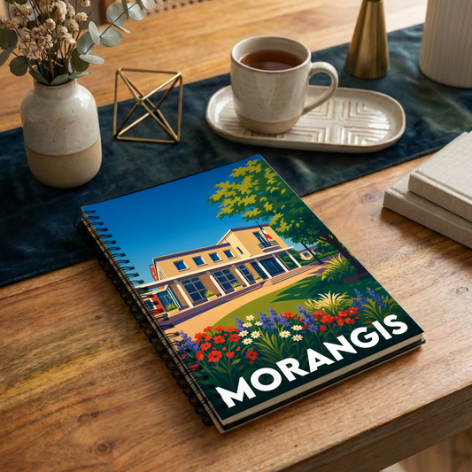 Carnet souvenir de la ville de Morangis avec une illustration stylisée et colorée.