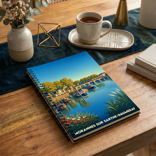 Carnet souvenir de la ville de Morannes sur Sarthe-Daumeray avec une illustration stylisée des bords de la Sarthe.