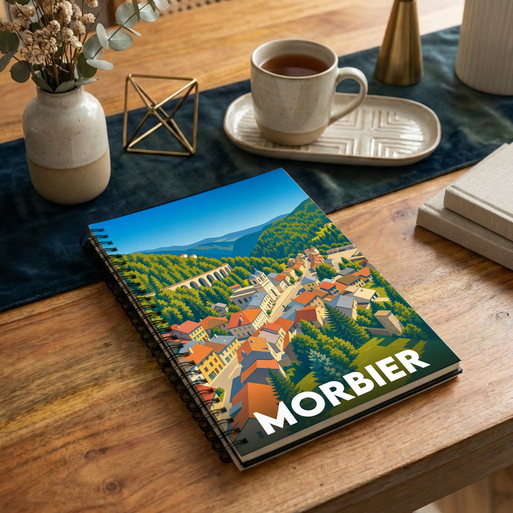 Carnet souvenir de la ville de Morbier avec une illustration stylisée.