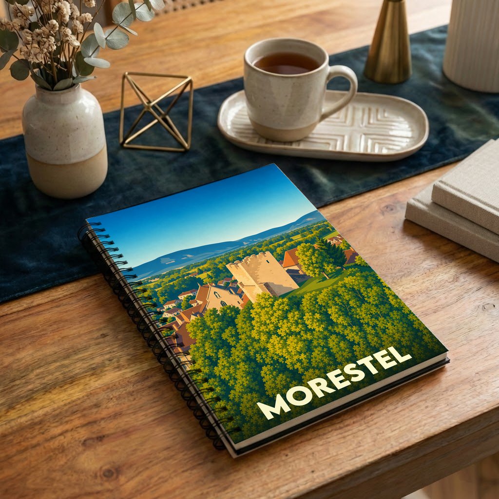 Carnet souvenir de la ville de Morestel avec une illustration stylisée de son patrimoine médiéval.