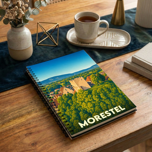 Carnet souvenir de la ville de Morestel avec une illustration stylisée de son patrimoine médiéval.