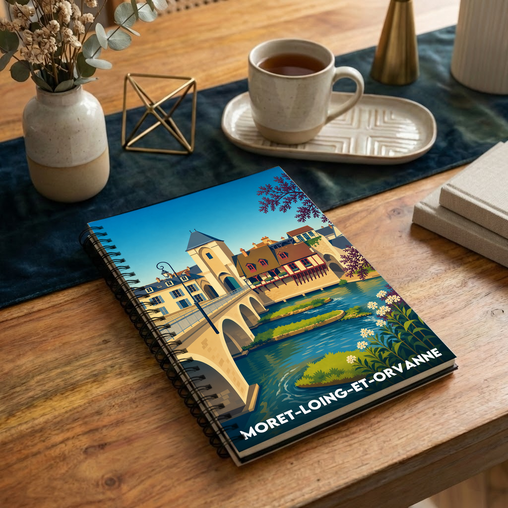 Carnet à spirales souvenir de Moret-Loing-et-Orvanne avec une illustration stylisée de la ville.