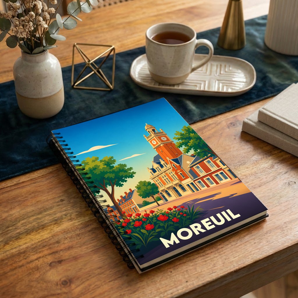 Carnet à spirales souvenir de la ville de Moreuil avec une illustration stylisée de son hôtel de ville.