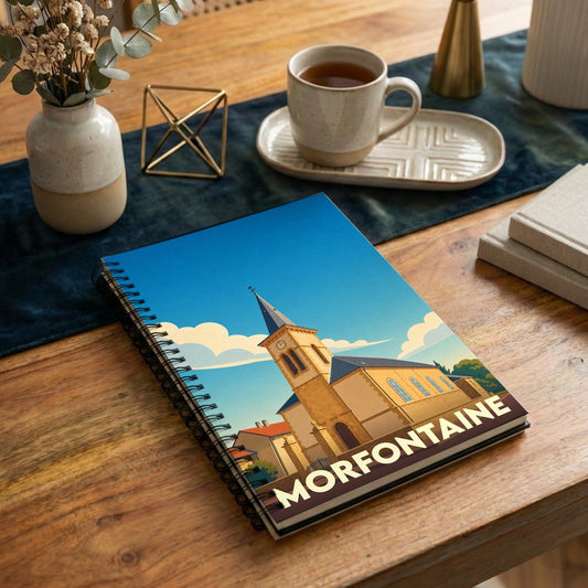 Carnet souvenir de la ville de Morfontaine avec une illustration stylisée de son église sous un ciel bleu.