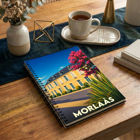 Carnet à spirales souvenir de la ville de Morlaàs avec une illustration stylisée d'une bâtisse traditionnelle.