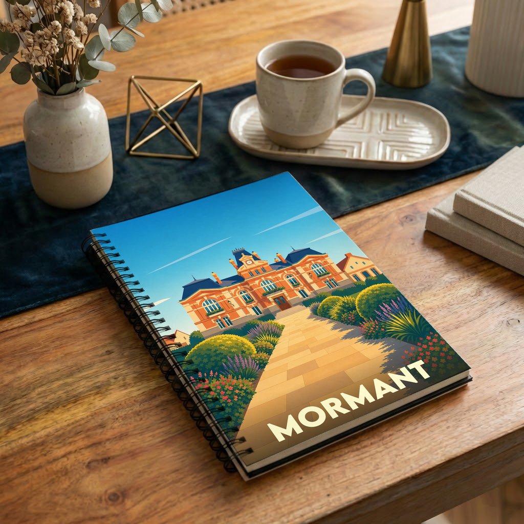 Carnet souvenir de la ville de Mormant avec une illustration stylisée d'un bâtiment historique.