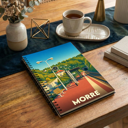 Carnet à spirales souvenir de la ville de Morre avec une illustration stylisée d'une gare sous un ciel bleu.