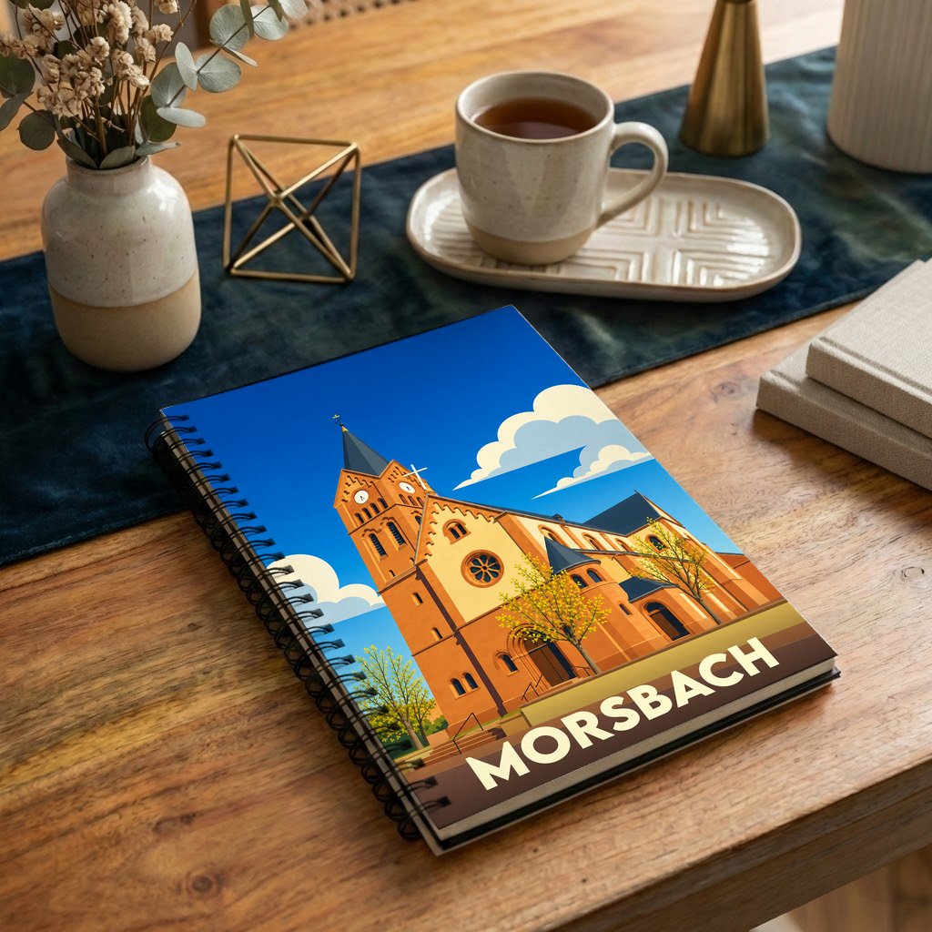 Carnet souvenir de la ville de Morsbach avec une illustration stylisée de son église.
