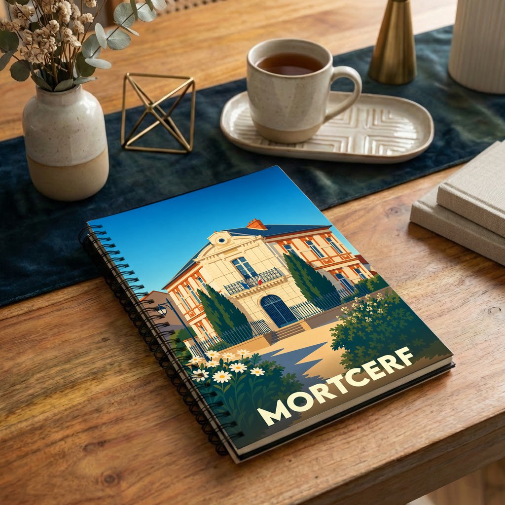 Carnet de notes souvenir de la ville de Mortcerf avec une illustration stylisée de sa mairie.