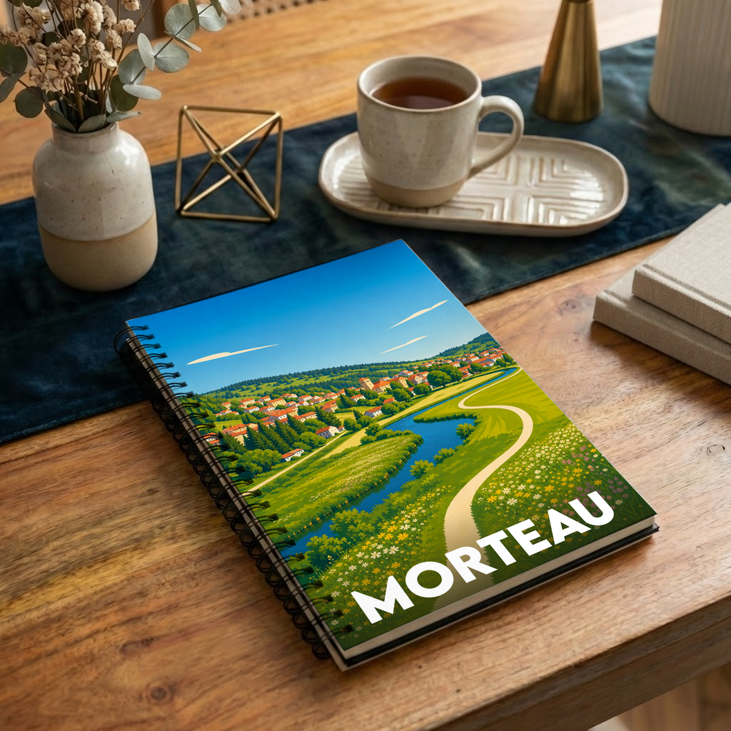 Carnet à spirales souvenir de la ville de Morteau avec une illustration paysagère colorée.
