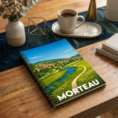 Carnet à spirales souvenir de la ville de Morteau avec une illustration paysagère colorée.