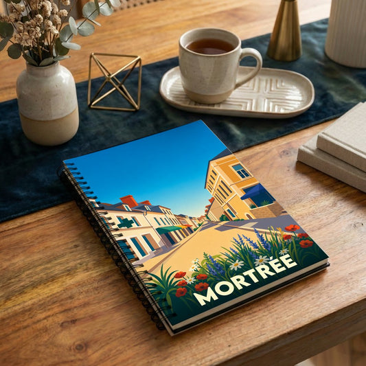 Carnet à spirales souvenir de la ville de Mortrée avec une illustration stylisée de ses rues.