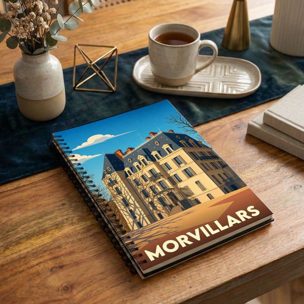 Carnet de notes à spirales souvenir de la ville de Morvillars avec une illustration stylisée de son patrimoine architectural.