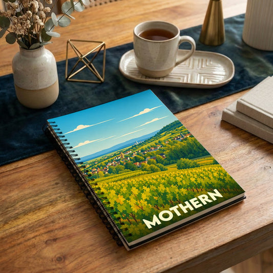 Carnet à spirales souvenir de la ville de Mothern avec une illustration stylisée de son paysage rural.
