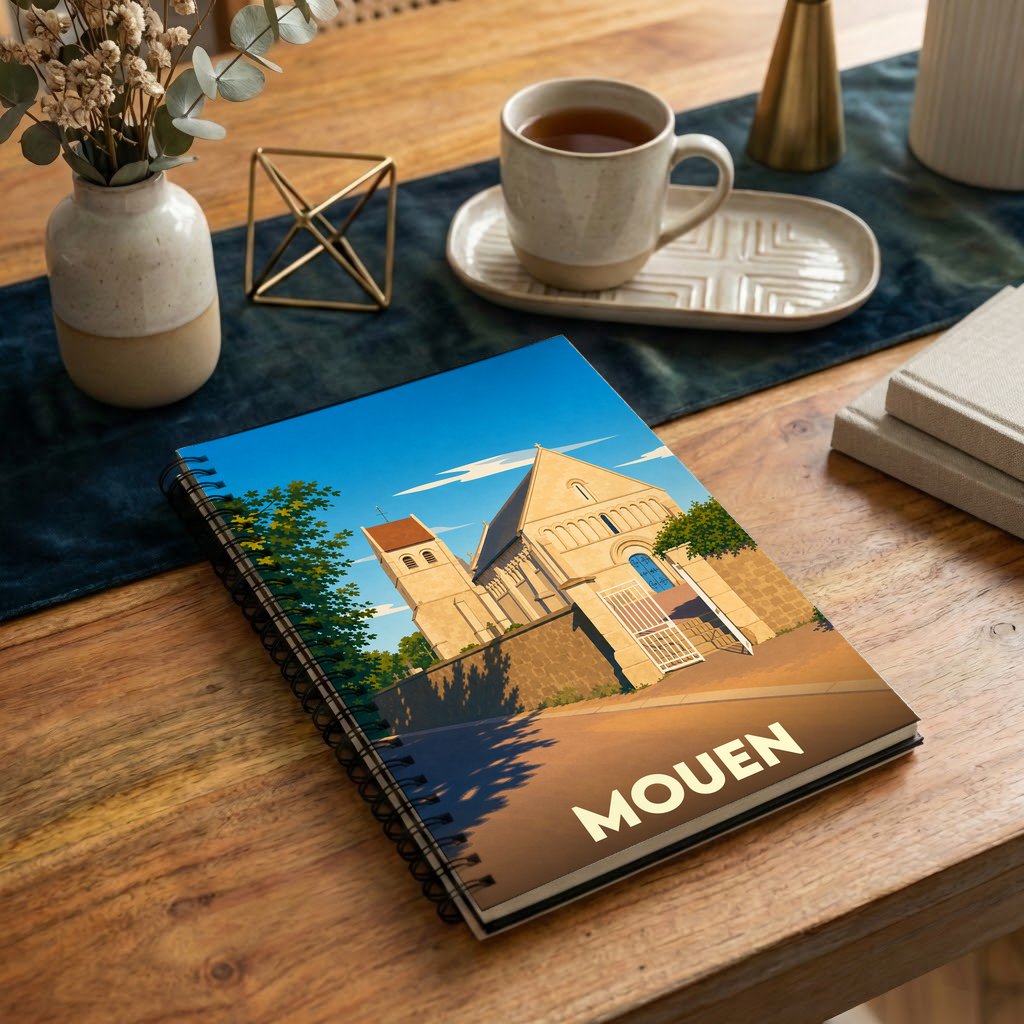 Carnet de notes souvenir de la ville de Mouen avec une illustration stylisée de son église.