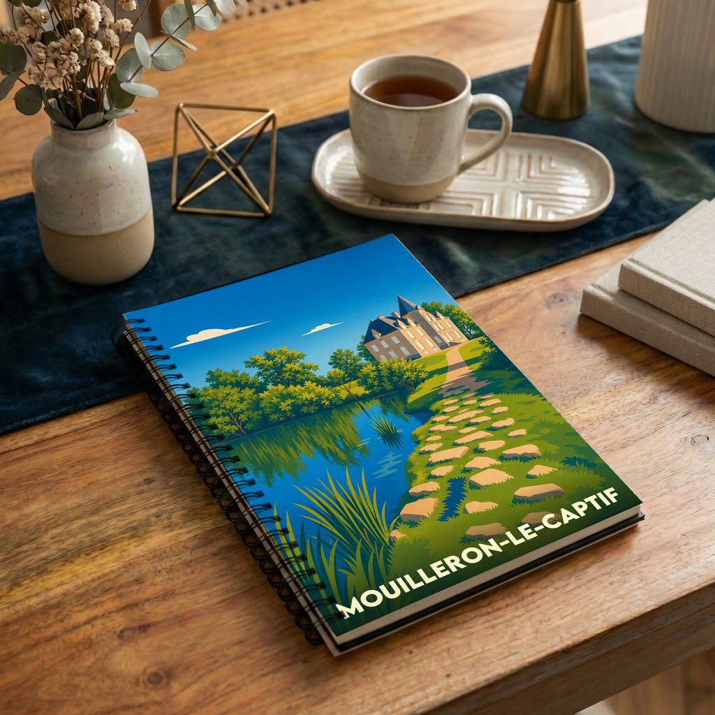 Carnet à spirales souvenir de la ville de Mouilleron-le-Captif avec une illustration stylisée.