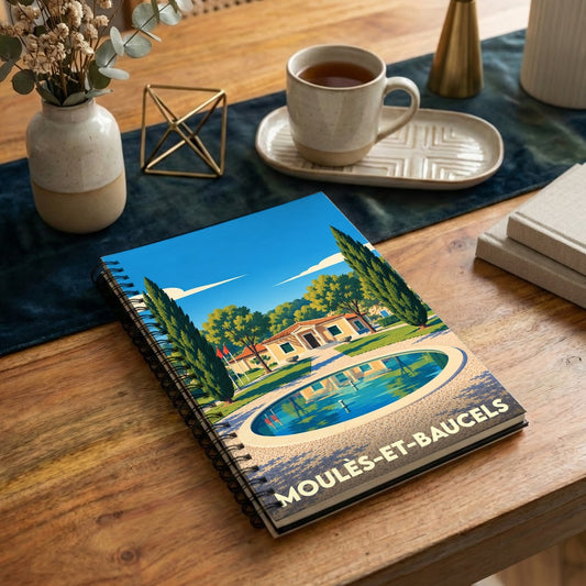 Carnet souvenir de la ville de Moulès-et-Baucels avec une illustration stylisée d'un domaine provençal.