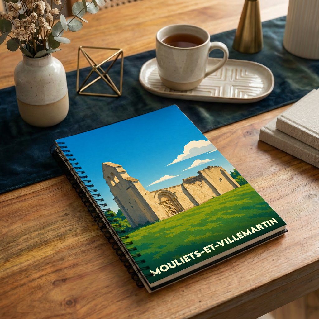 Carnet souvenir de la ville de Mouliets-et-Villemartin avec une illustration stylisée de ses ruines historiques.