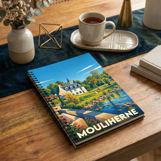 Carnet à spirales souvenir de la ville de Mouliherne avec une illustration stylisée d'un manoir au bord de l'eau.