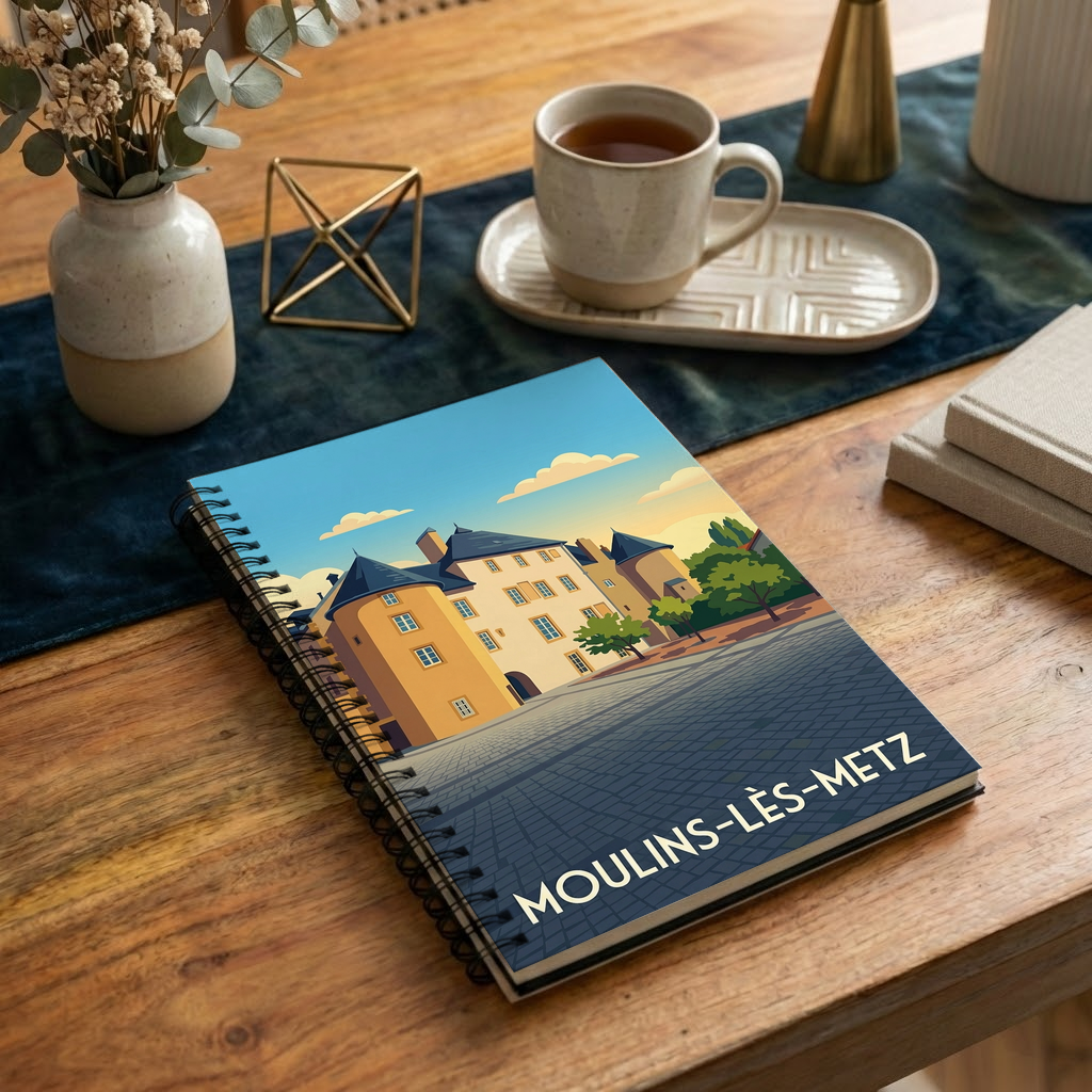 Carnet souvenir de la ville de Moulins-lès-Metz avec une illustration stylisée.