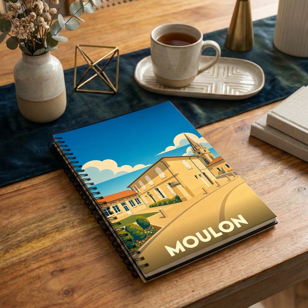 Carnet souvenir de la ville de Moulon avec une illustration stylisée et colorée.