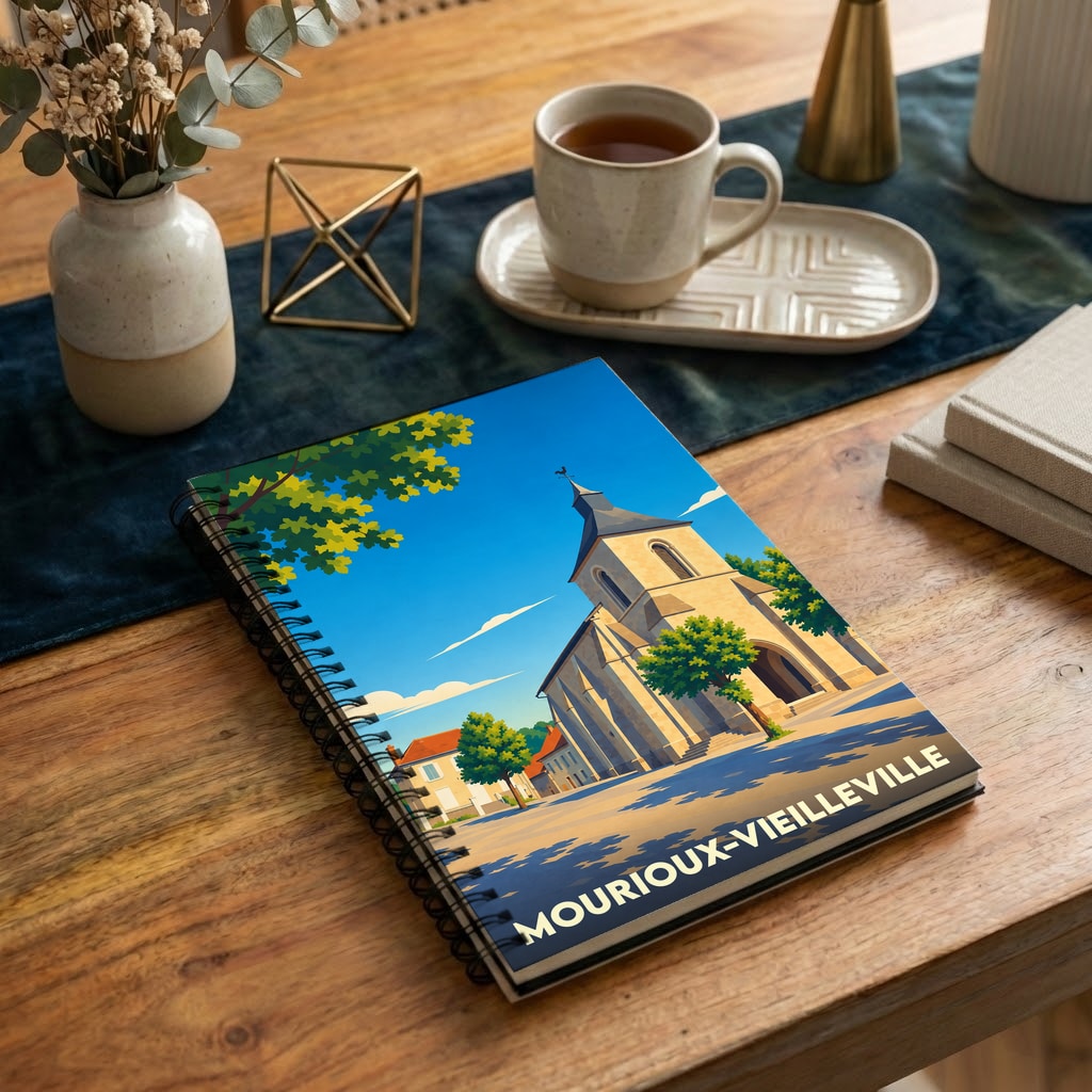 Carnet à spirales souvenir de la ville de Mourioux-Vieilleville avec une illustration stylisée de son église.