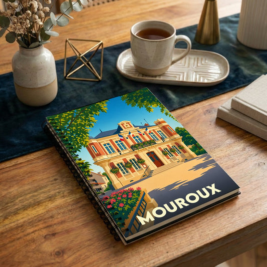 Carnet souvenir de la ville de Mouroux avec une illustration stylisée de son hôtel de ville.