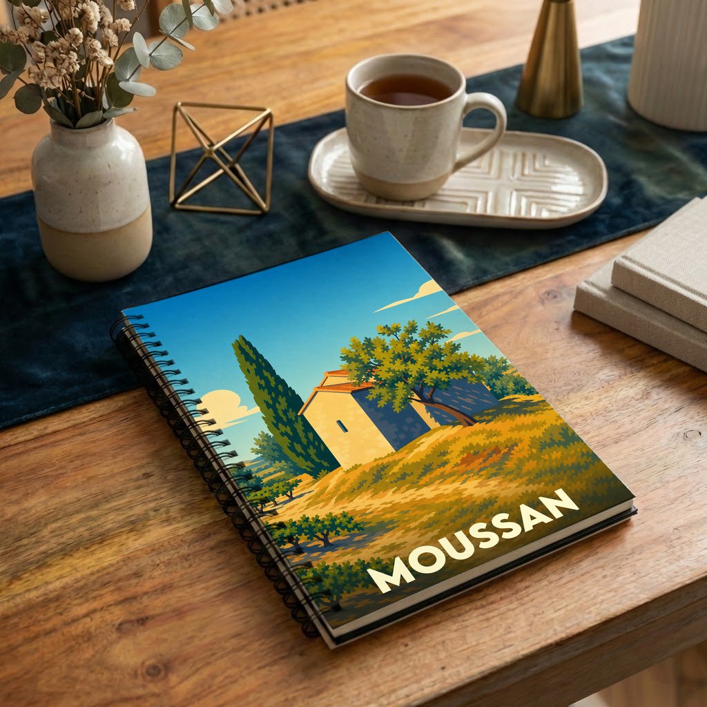 Carnet souvenir de la ville de Moussan avec une illustration stylisée de paysages provençaux.