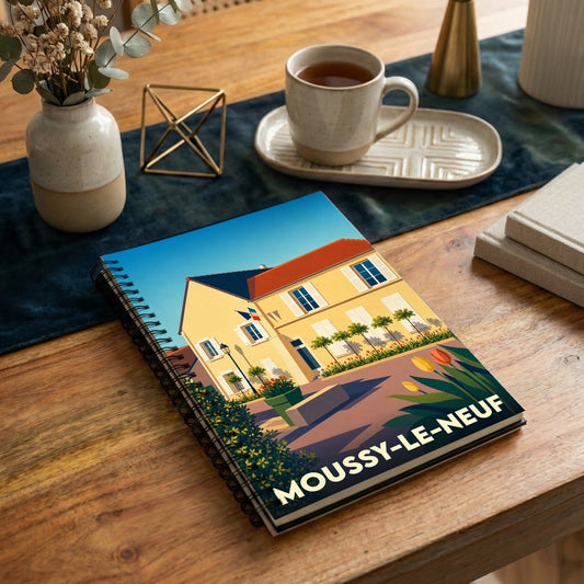 Carnet souvenir de la ville de Moussy-le-Neuf orné d'une illustration colorée et stylisée.