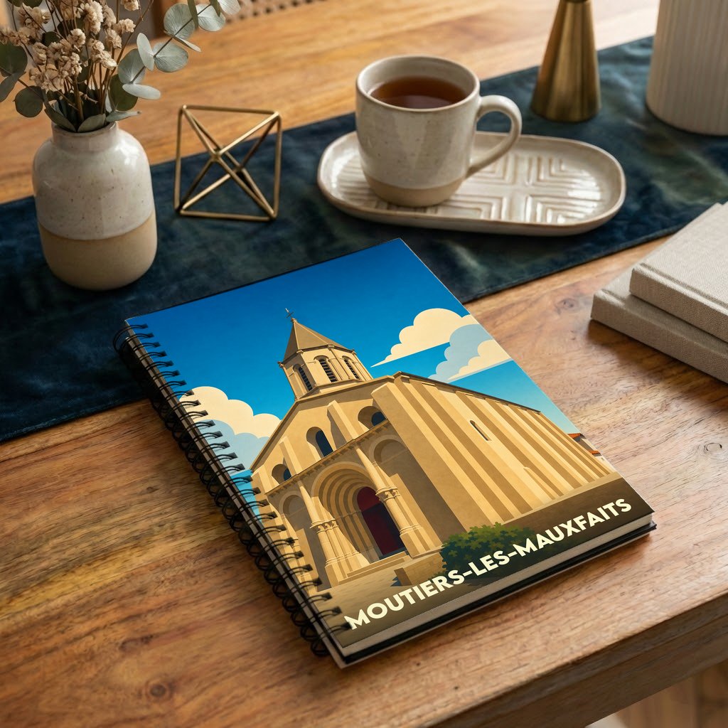 Carnet souvenir de la ville de Moutiers-les-Mauxfaits avec une illustration stylisée de son église.