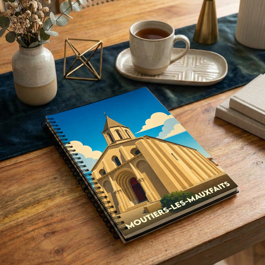 Carnet souvenir de la ville de Moutiers-les-Mauxfaits avec une illustration stylisée de son église.