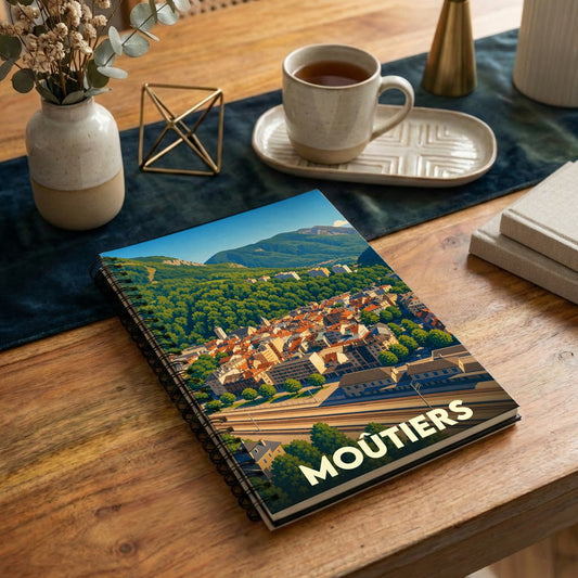 Carnet souvenir de la ville de Moûtiers avec une illustration stylisée d'un paysage de montagne.