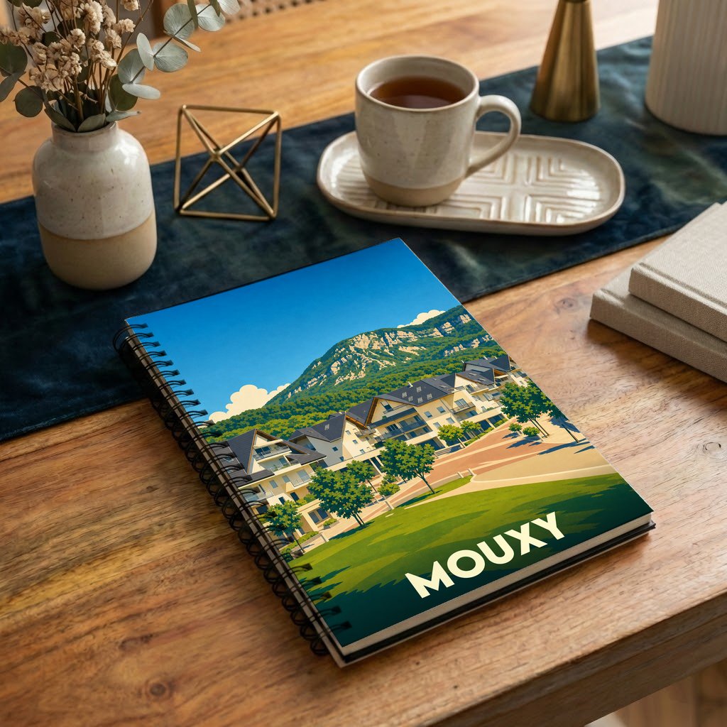 Carnet souvenir de la ville de Mouxy avec une illustration stylisée de ses paysages et habitations.