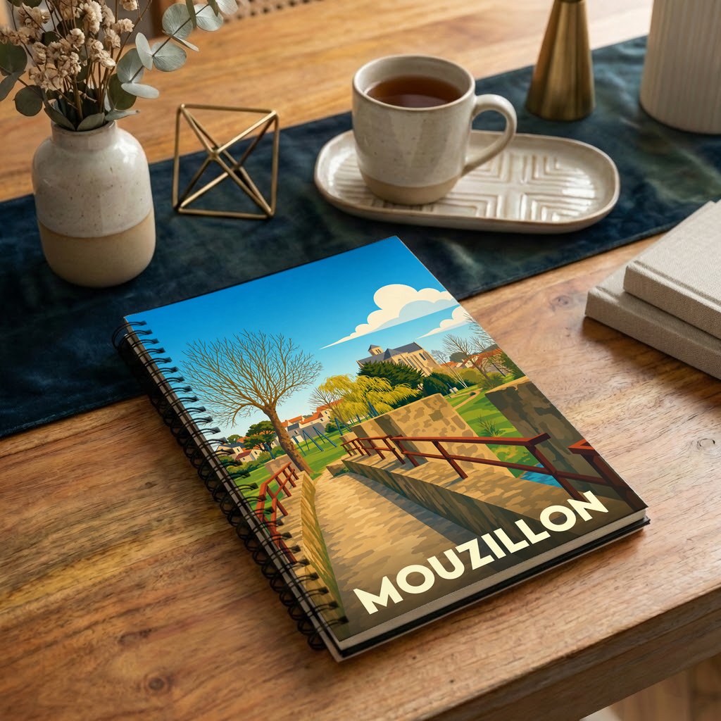 Carnet à spirales souvenir de la ville de Mouzillon avec une illustration stylisée de son paysage urbain.